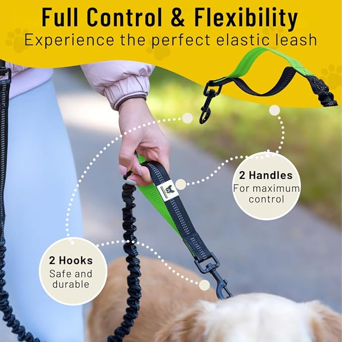 Hundefreund Hands-Free Dog Leash Replacement Bungee (47–67”) – Extension for Medium & Large Dogs – Shock-Absorbing with Dual Handles & Reflective Stitching (Green)