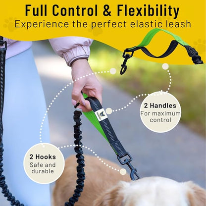 Hundefreund Hands-Free Dog Leash Replacement Bungee (47–67”) – Extension for Medium & Large Dogs – Shock-Absorbing with Dual Handles & Reflective Stitching (Green)