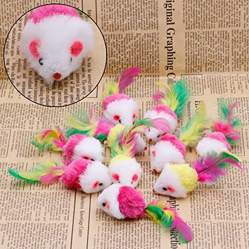 10pcs Novelty Pet Kitten Cat Furry Mouse Shaped Feather Tail Fetch Toy Gift Cat Mouse Toys for Indoor Cats That Make Noise, with Rattle, Catnip, Electronic, Robotic, Moving, Squeak