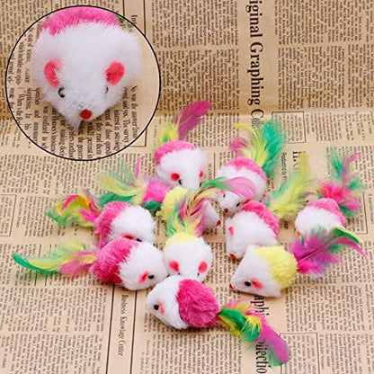 10pcs Novelty Pet Kitten Cat Furry Mouse Shaped Feather Tail Fetch Toy Gift Cat Mouse Toys for Indoor Cats That Make Noise, with Rattle, Catnip, Electronic, Robotic, Moving, Squeak