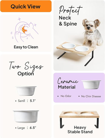 Elevated Dog Bowls, Raised Dog Bowl Stand with Two 5.1 inch Ceramic Bowls, Non-Slip Cat Food and Water Dish for Small and Medium Breed, White