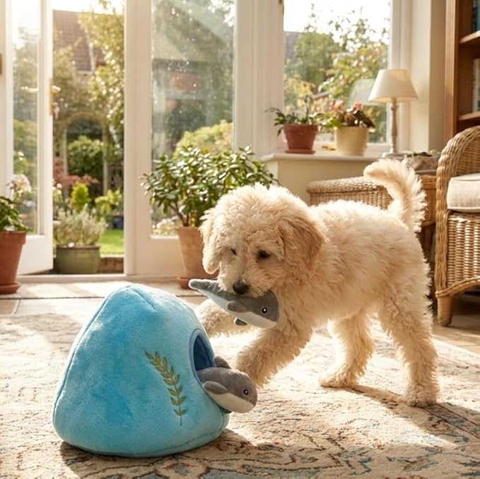 MODERN WAVE - Interactive Squeaky Plush Hide and Seek Squirrel Type Puzzle Toy for Dogs, Medium Size (Ocean and Dolphins)