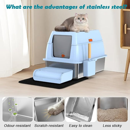 SZEE XL Stainless Steel Litter Box with Lid, Extra Large Metal Covered Litter Box, Stainless Box Easy Clean, Activated Charcoal Odor Control Design, Includes Litter Scoop & Mat & Step, Blue