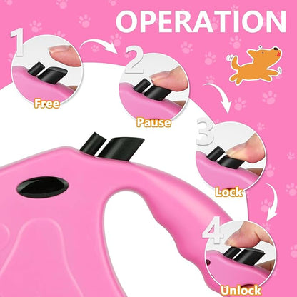 Retractable Dog Leash, 16ft Dog Walking Leash for Small Dogs up to 77lbs, Non-Slip Handle - Pink