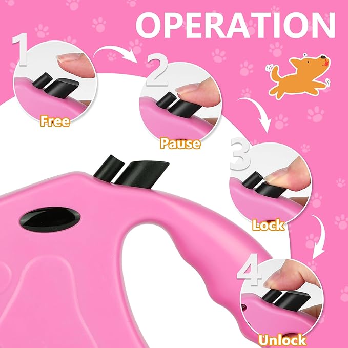 Retractable Dog Leash, 16ft Dog for Small Dogs up to 77lbs, Non-Slip Handle - Pink