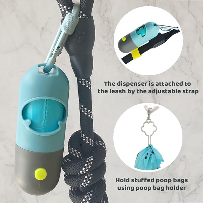 Dog Poop Bag Dispenser with Built-in LED Flashlight and Metal Clip for Leash, Pet Waste Bag Holder, Dog Walking Accessory (Cystal Blue)