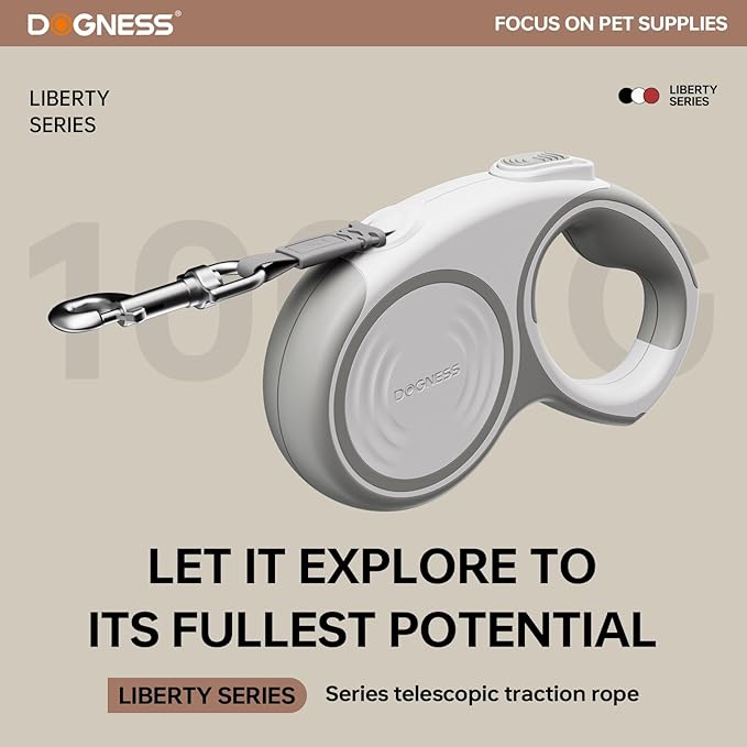 DOGNESS 16.4 Ft Retractable Dog Leash, Heavy Duty Great Leash for Dog up to 80 lbs, One Button Brake & Lock Anti-Slip Handle Tangle Free（White Gray）