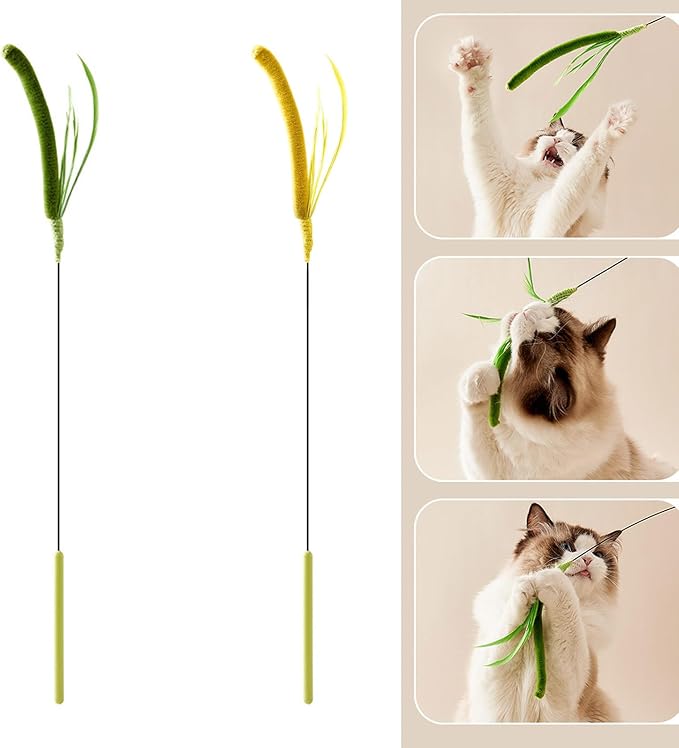 Interactive Cat Teaser Toy Wand with Furry Faux Grass for Indoor Play Grass Teaser Cat Toy Wand Stick