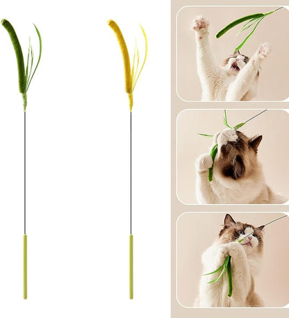 Interactive Cat Teaser Toy Wand with Furry Faux Grass for Indoor Play Grass Teaser Cat Toy Wand Stick