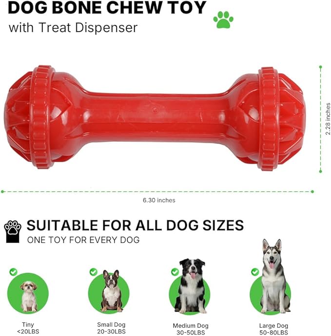 Red Bone Dog Chew Toy with Treat Dispenser - Indestructible Dog Toys for Aggressive Chewers, Dog Bone Toy for Boredom Relief