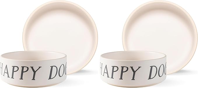 Fringe Studio Happy Dog Medium Stoneware Pet Bowl, PetShop Collection (479107) (Pack of 2)