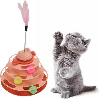 Cat Turntable Ball Toy, 4 Level Interactive Kitten Track Roller Exercise Toy with Feather Stick, Cats Toys Tower Cat Puzzle Toy Suitable for Interactive Kittens Chase Exercise