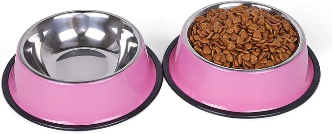 WHIPPY Stainless Steel Dog Food Water Bowl for Small,Medium and Large Pets Cats Set of 2 with Rubber Base (X Large,Pink,28oz)