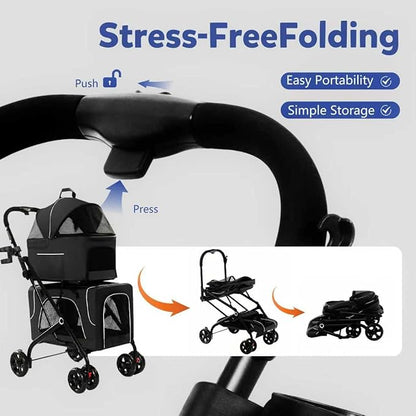 Double Dog Stroller with Cup Holder, Foldable 3-in-1 Cat Strollers with 2 Detachable Carriers, Safety Belt, Washable Cover, Removable Pads, 4 Wheels Travel Pet Stroller for Small Medium Dogs (Black)