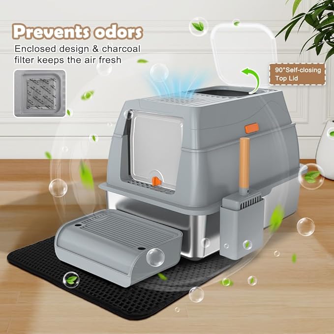 Vivifying Stainless Steel Litter Box with Lid, XL Front Entry Enclosed Extra Large Litter Box for Big Cats & Kitty, Top Exit Metal Cat Pan with Scoop, Mat, Trapping Step, Charcoal Filter (Gray)