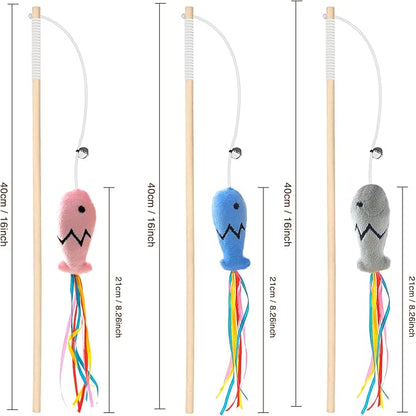 Fashion&cool Cat Wand Toy, 3pcs 16 Inch Natural Wooden Teaser With 5 Pcs Silvervine Sticks, Interactive Elastic String Stick Pole for Indoor Cats