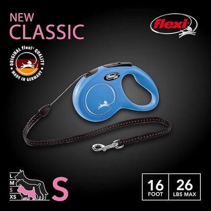 FLEXI New Classic Cord Retractable Dog Leash for Small Dogs up to 26 lbs. – 16 ft., Blue | Tangle-Free Pet Walking Leash with One-Handed Brake, Pause, Lock|German Quality Product