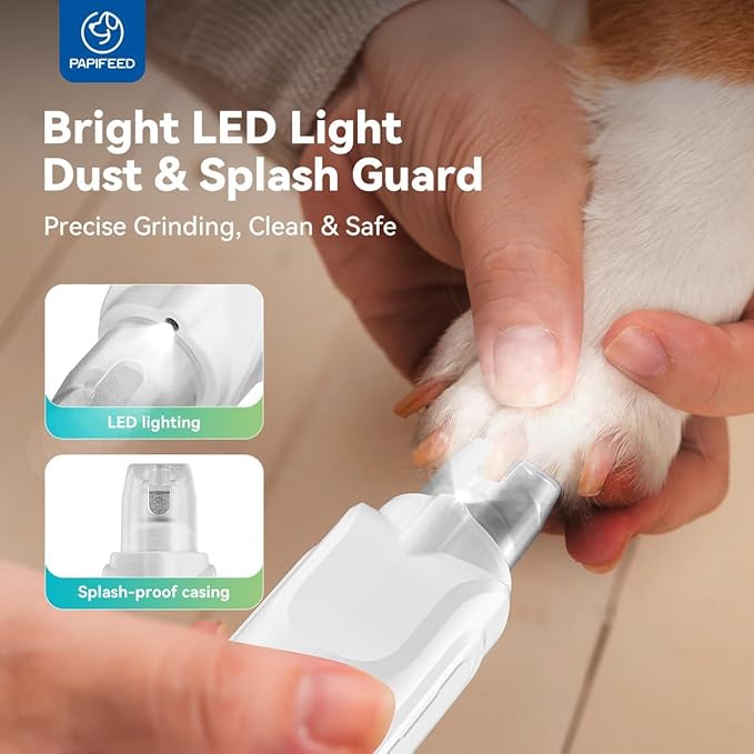 PAPIFEED Dog & Cat Nail Grinder, 6-Speed High Torque Electric Pet Nail Trimmer Kit with LED Light, Dust Collection, Quiet Cordless Rechargeable Type-C, Safe for Small/Medium/Large Dogs, Cats & Puppies
