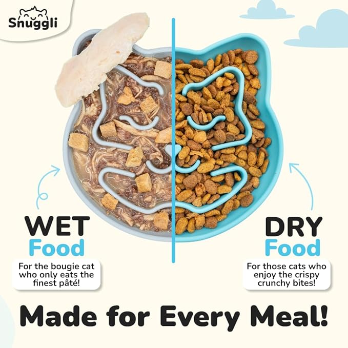 Snuggli Slow Feeder Cat Bowl | Cat Puzzle Feeder for Slow Eating, Mental Enrichment, Digestion, & Bloat Relief | Non-Slip Silicone, Dishwasher Safe, 1 Cup (Lagoon)