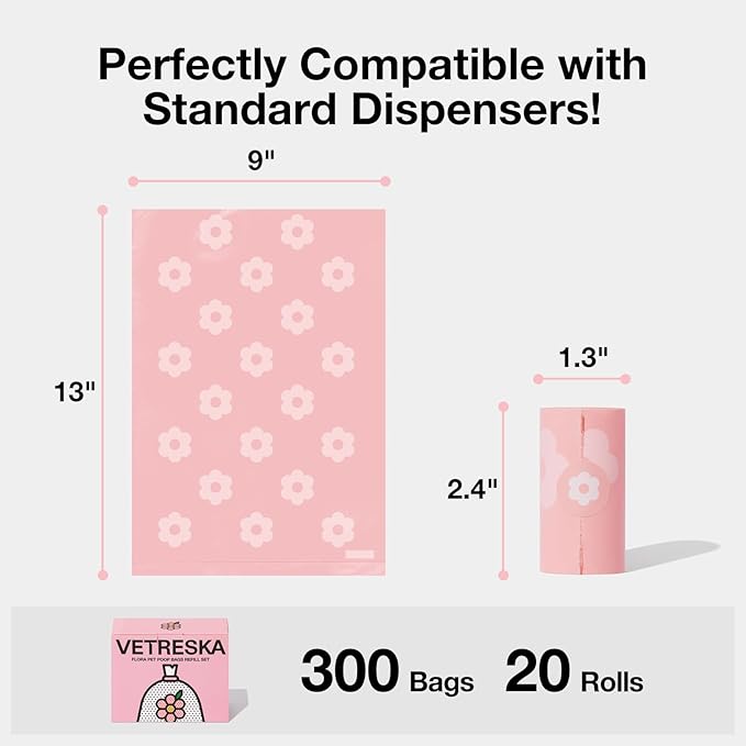 VETRESKA Dog Poop Bags Lavender Scented Pet Waste Bags Leak Proof & Extra Thick Waste Bags for Dog Walking and Cat Litter 300 Counts 20 Refill Rolls 9 * 13 inches