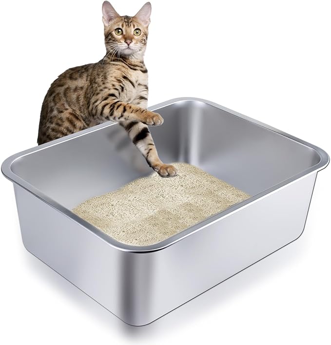 Stainless Steel Cat Litter Box - Large Metal High-Sided Pan for Cats, Pets, Non-Stick, Odor-Free, Easy to Clean, Splash-Proof, Durable (23.6" L x 15.8" W x 6" H)