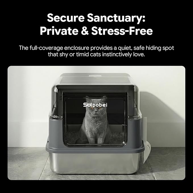 Stainless Steel Cat Litter Box with Lid – Enclosed & Covered High-Sided Kitty Litter Box, Medium or Small, Metal Litter Pan for Cats and Kittens, Odor Control, Easy Cleaning