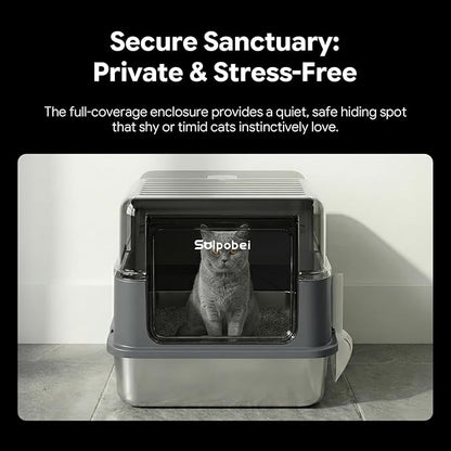 Stainless Steel Cat Litter Box with Lid – Enclosed & Covered High-Sided Kitty Litter Box, Medium or Small, Metal Litter Pan for Cats and Kittens, Odor Control, Easy Cleaning