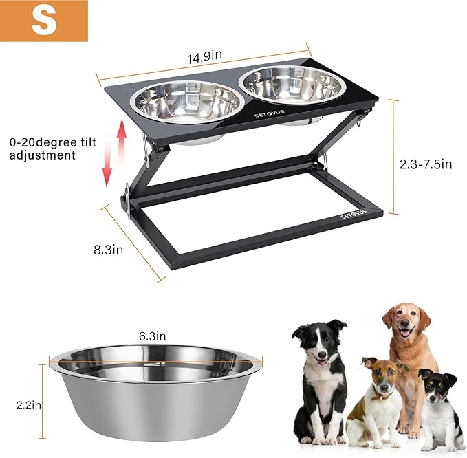 Elevated Dog Bowls, Adjustable Raised Dog Bowl Stand with 2 Stainless Steel Food Bowls 20°Tilted Water Bowls for Small Sized Dogs and Cats (Black, Small)