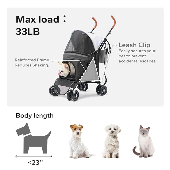 10lbs Ultra-Lightweight Pet Stroller - Compact Folding Umbrella Stroller with Durable Shoulder Strap, 3-Compartment Organizer & Cup Holder - Portable Dog Cat Travel Carriage, Dark Gray