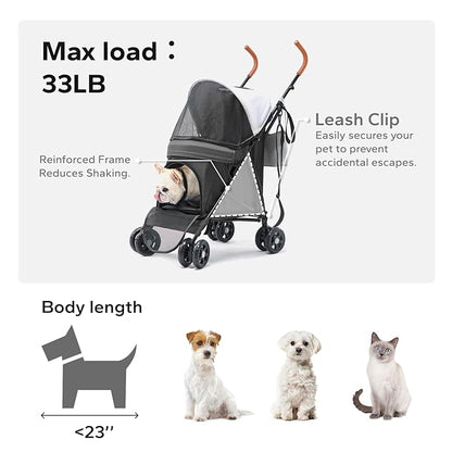 10lbs Ultra-Lightweight Pet Stroller - Compact Folding Umbrella Stroller with Durable Shoulder Strap, 3-Compartment Organizer & Cup Holder - Portable Dog Cat Travel Carriage, Dark Gray