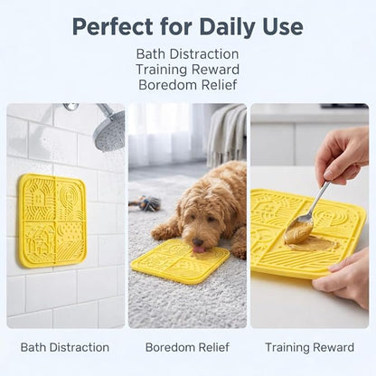 Dog Lick Mat with Suction Cups, 4-Texture Enrichment Slow Feeder for Dogs & Cats, Non-Slip Silicone Licking Pad for Anxiety Relief, Bathing & Training (Yellow)