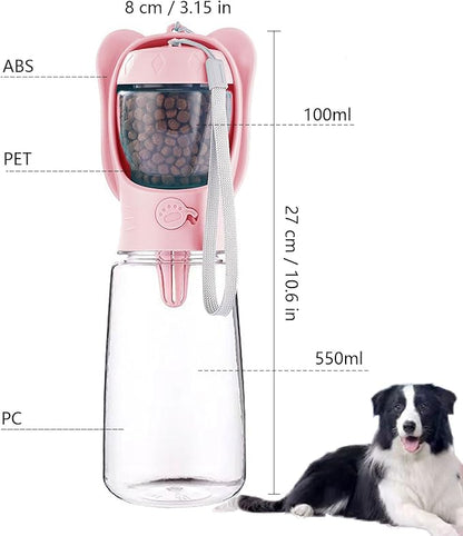 DomKim Portable Dog Water Bottle with Food Container for Small Medium Dogs Walking Jogging, Traveling Puppy Water Dispenser Bowls Non Spill, Pink Beach Accessories Stuff Pink, 18.6 oz (550ml)