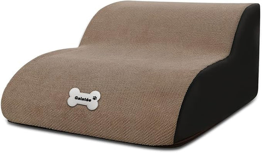 Pet Stairs, Washable & Zippered Cover Removable Pet Ramp, High Density Sponge Dog Stairs(2 Tiers Pet Stair, Light Tan)