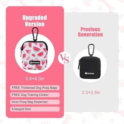 Dog Treat Pouch with Training Clicker,Waterproof Nylon Fabric Poop Bag Holders for Leashes,Hands Free Small Dog Walking Bag with Carabiner, Pet Puppy Training Walking Essentials (Watermelon)