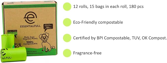 Biodegradable Cat & Dog Bags, Certified Compostable Poop Bags with Handles, 180 Count Refill Rolls, Plant Based and Leak Proof