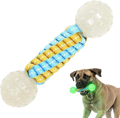 Knot Dog Bone Chew Toy with Squeaky Ball - Glow in The Dark Interactive Dog Chew Toy, Rope Toy for Small, Medium and Large Dogs, Teeth Cleaning and Boredom Relief