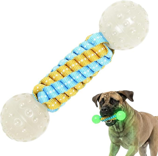 Knot Dog Bone Chew Toy with Squeaky Ball - Glow in The Dark Interactive Dog Chew Toy, Rope Toy for Small, Medium and Large Dogs, Teeth Cleaning and Boredom Relief