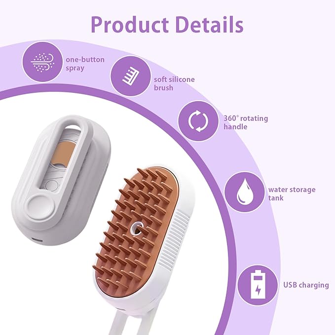 ZTJ Steam Brush for Dogs and Cats – 3-in-1 Pet Grooming Tool for Cleaning, Detangling, Massaging – Nano Steam, Hair Catcher, 360° Handle (Purple)