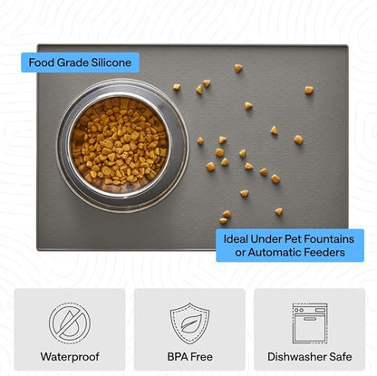 GORILLA GRIP 100% Waterproof Raised Edge BPA Free Silicone Pet Feeding Mat, Dog Cat Food Mats Contain Spills Protects Floors, Placemats for Cats and Dogs Water Bowl, Pets Accessories 16x10, Gray