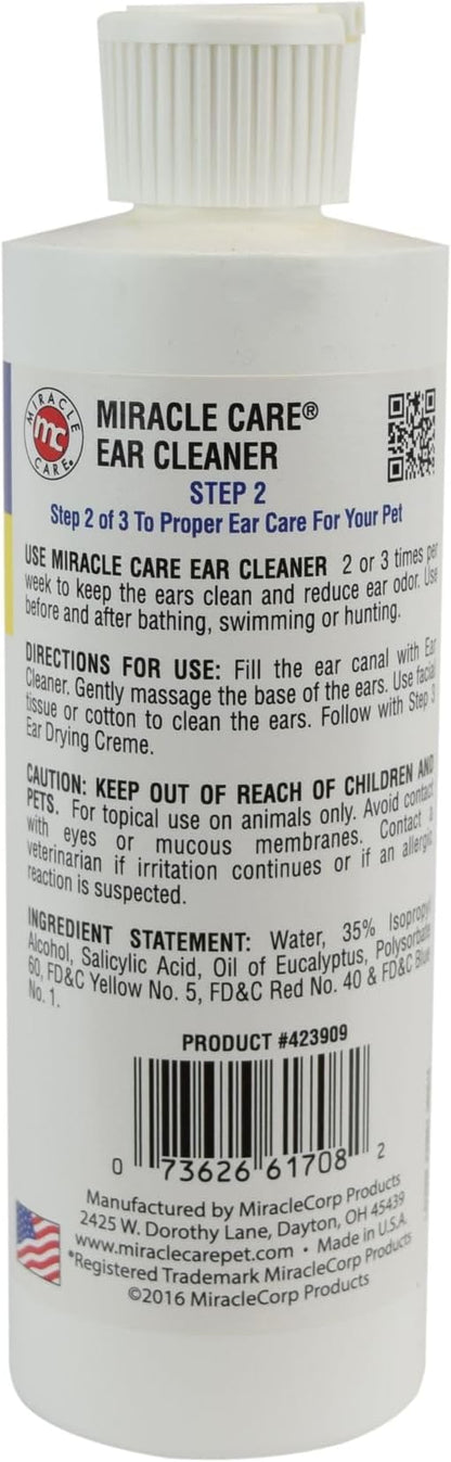 Miracle Care Ear Cleaner for Dogs and Cats, 8 Ounce, Reduces Ear Odor and Waxy Build Up, Gentle and Non Staining