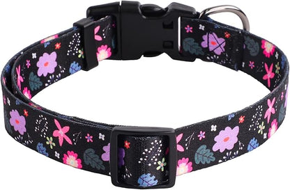 QQPETS Adjustable Soft Dog Collar: Print Flower Pink Multicolor Cute Patterns for XS Small Medium Large Pet Girl Boy Puppy Walking Running Training