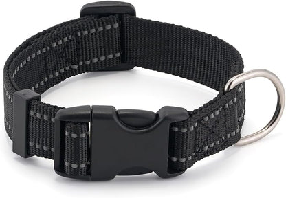 Dog Collar for Small Medium Dogs with Buckle, Breathable Adjustable Nylon Reflective Dog Collars, Black/Small