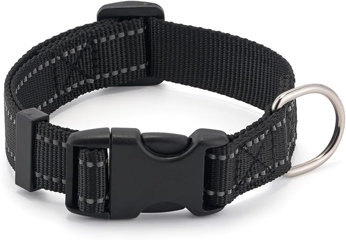 Dog Collar for Small Medium Dogs with Buckle, Breathable Adjustable Nylon Reflective Dog Collars, Black/Large