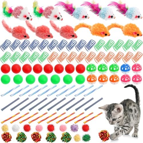 Nicunom 100 Pcs Cat Toys for Indoor Cats and Kittens - Spring, Fur Mice, Crinkle Ball, Sparkle Pom Pom Ball, Bell, Catnip Rope, Variety Cat Interactive Toy Set by Nicunom