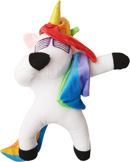 Snugarooz Dab The Unicorn with Repair Patch – Trendy Plush Dog Toy, Embroidered Sunglasses & Rainbow Mane – Non-Toxic & Durable for Endless Play