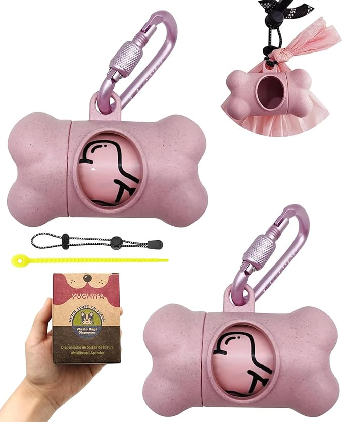 Dog Poop Pickup Bags Holder Dispenser with Standard-Sized Leak-Proof Scented Doggy Waste Bags and Carabiner with Safety Lock&Fastener Never Loose on Leash Lead Again (2 Holders 30 Bags, Pink)