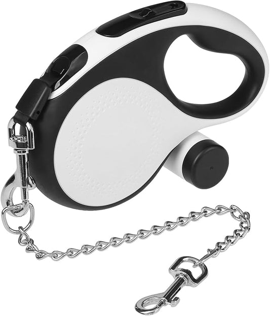 PUPTECK Retractable Dog Leash with Chew Proof Chain, 360 Tangle-Free Walking Leash for Small to Large Dogs, Heavy Duty up to 110lbs, 16ft Strong Nylon, One-Hand Brake White