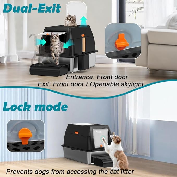 SZEE XL Stainless Steel Litter Box with Lid, Extra Large Metal Covered Litter Box, Stainless Box Easy Clean, Activated Charcoal Odor Control Design, Includes Litter Scoop & Mat & Step, Black