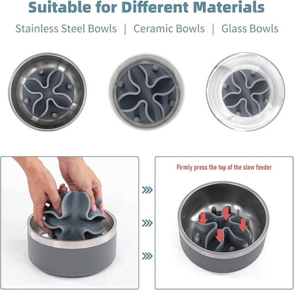 Jaoul Slow Feeder Dog Bowls Insert, Puzzle Slow Feeder Insert with 21 Octopus Suction Cups for Small Breed Dog Food Bowls (4 inch, Grey)
