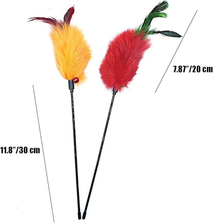 Cat Wands, 2 PCS Cat Feather Wands with Bell Cat Teaser Wand with Soft Furry Tai Interactive Cat Toys for Cat and Kitten